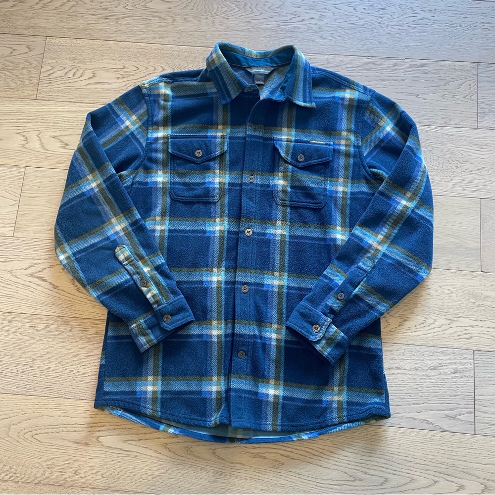 Eddie Bauer Blue & Green Plaid Button-Down Fleece shirt size M